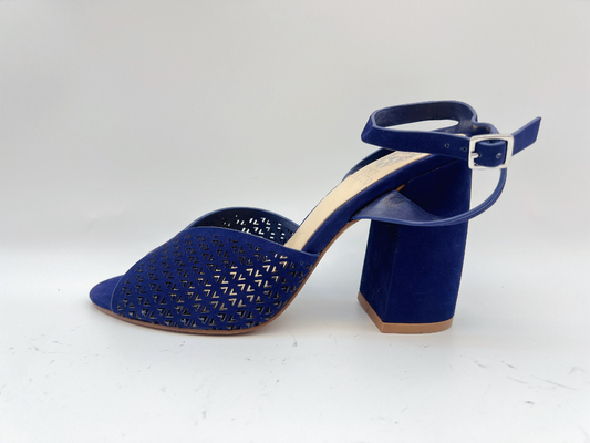 صندل كعب عالي بمقدمة مربعة صندل جلد طبيعي ناعم Nubuck باللون الكحلي للسيدات