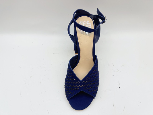 صندل كعب عالي بمقدمة مربعة صندل جلد طبيعي ناعم Nubuck باللون الكحلي للسيدات