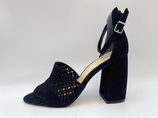 صندل جلد ناعم للسيدات من Nubuck أسود # 6- # 11 مع شبكة صيد علوية